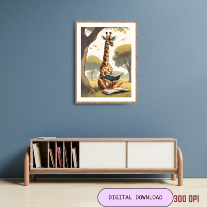 Kids Portrait Print Giraffe Reading Printable Wall Art Painting Giraffe Poster Abstract Download Home Decor