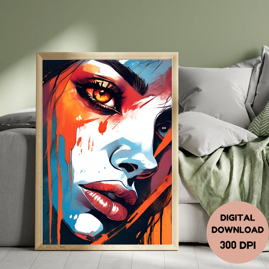 Woman Portrait Print Woman Face Printable Wall Art Painting Female Face Poster Abstract Girl Grunge Home Decor Download