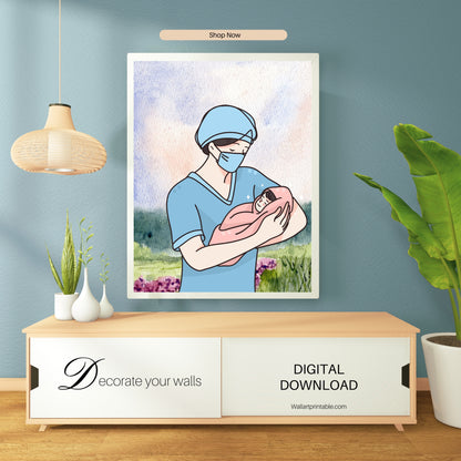 Nurse Holding Baby Wall Art Printable - Digital Download - Nurse Gift Idea - Emotional Healthcare Art - Nurse Decor